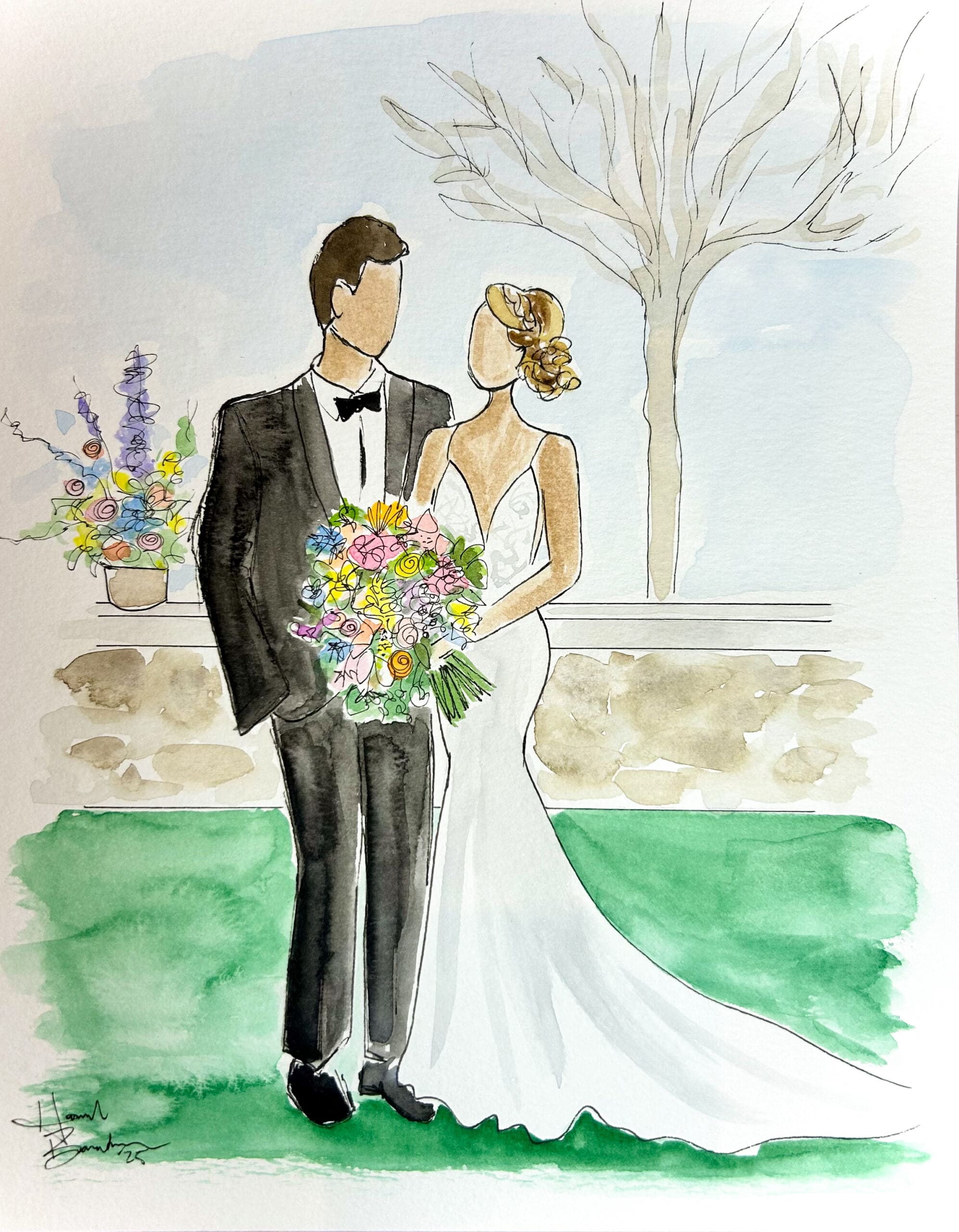 Watercolor painting of a bride and groom