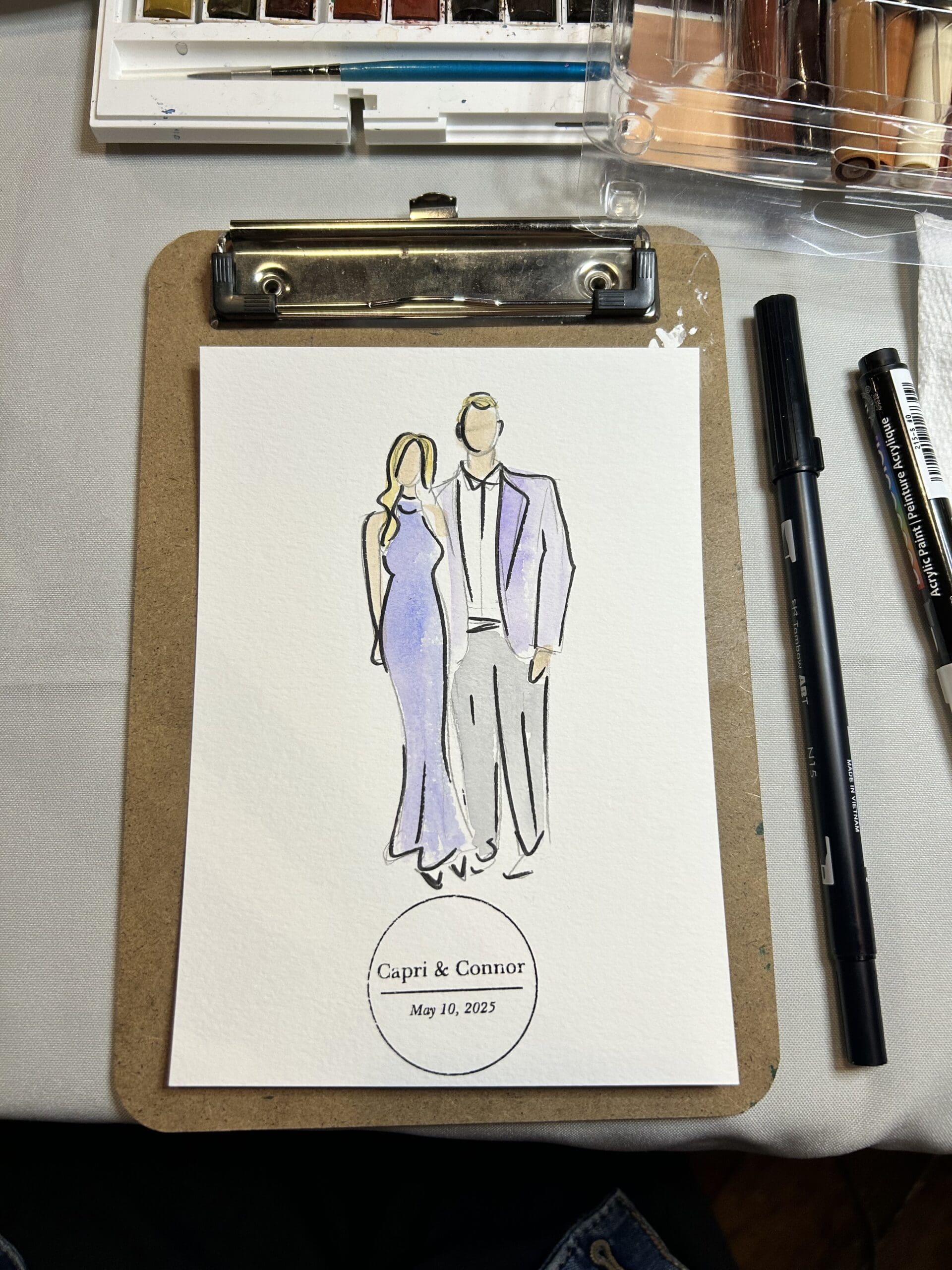 Small watercolor portrait of wedding guests