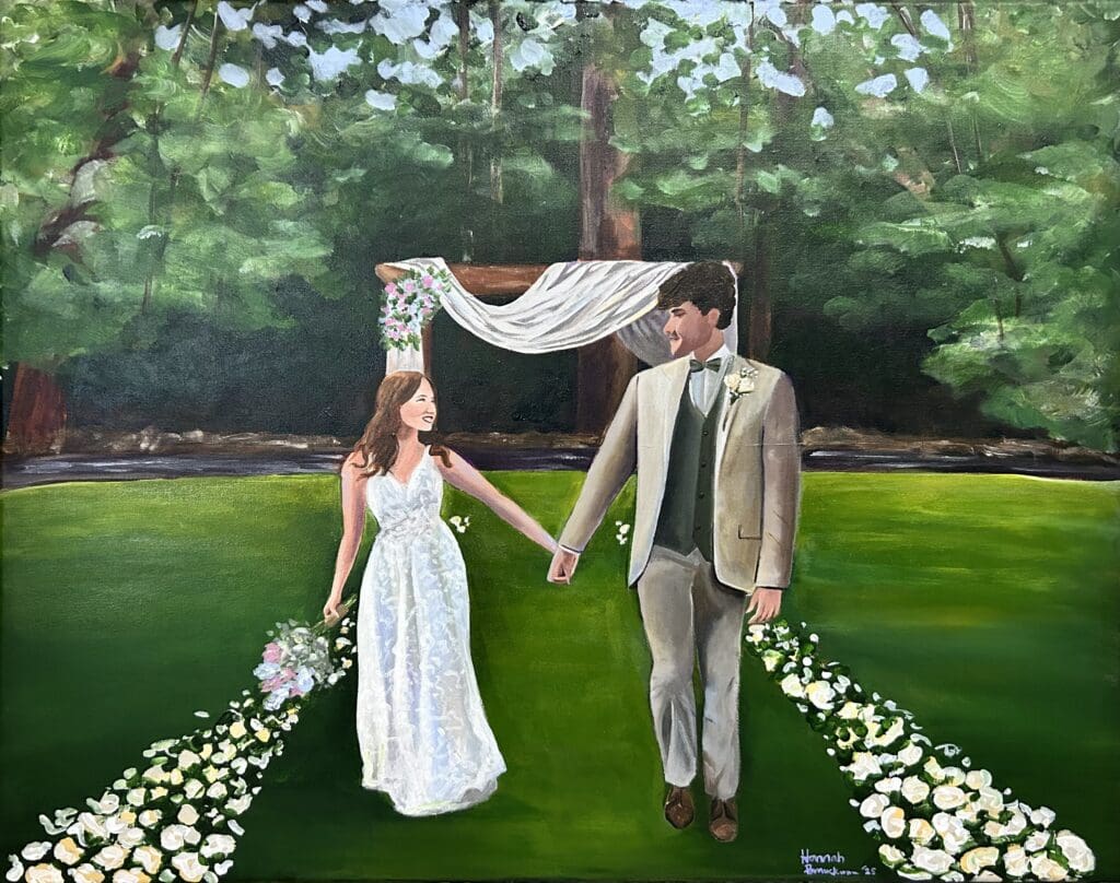Newlywed couple holding hands walking down the aisle after their ceremony
