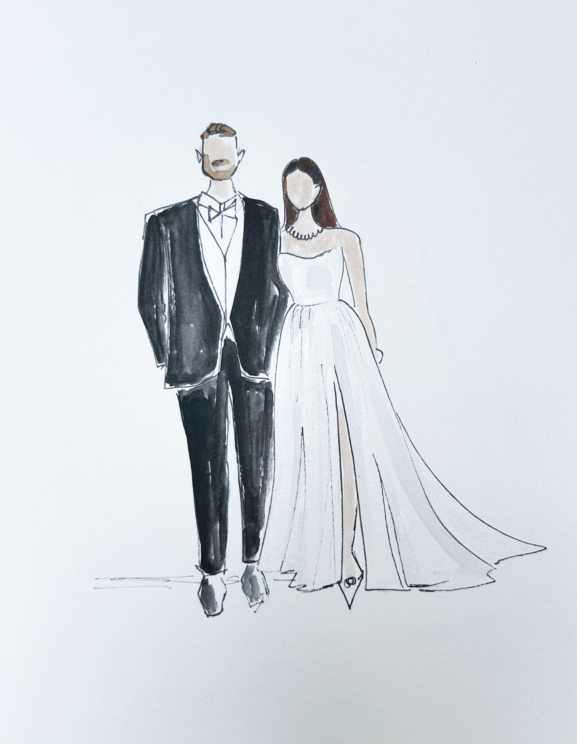 Faceless watercolor portrait of a bride and groom